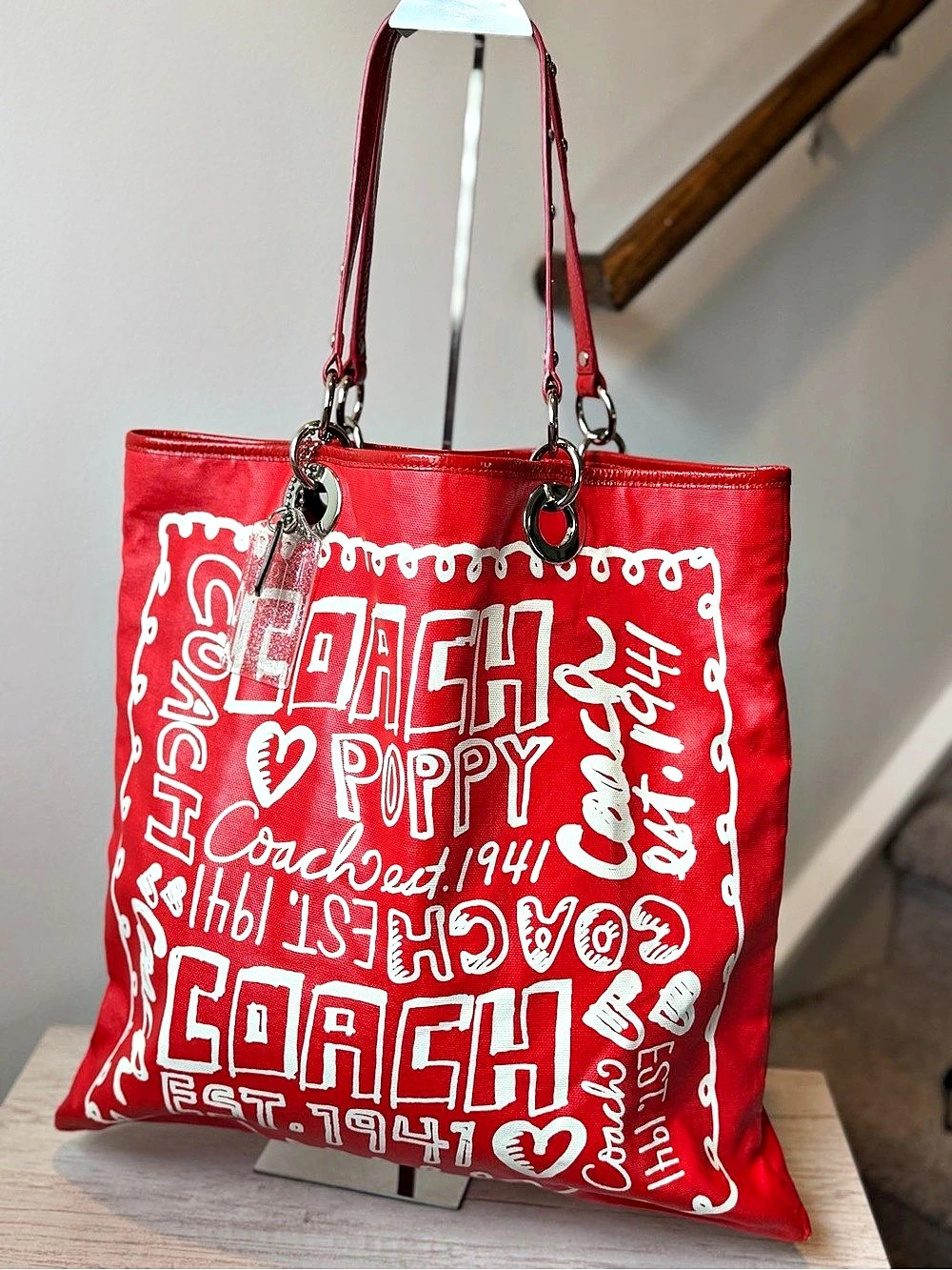 Coach Poppy Graffiti Glam Tote Red & White